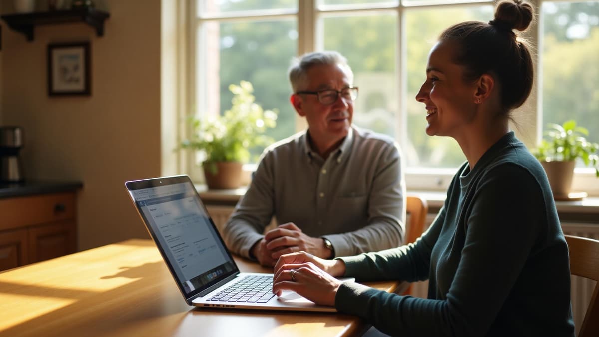 Caregiver helping older parent with health admin at kitchen table